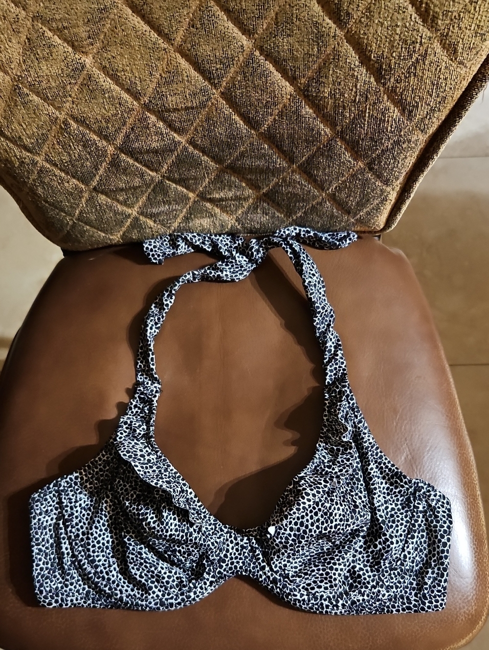 Freya Run Wild Underwire Banded Halter Swim Bikini Top Black White Print Ruffle